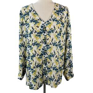J Jill Blue White Yellow Floral Birds Long Sleeve Blouse Top Pearlized Buttons M